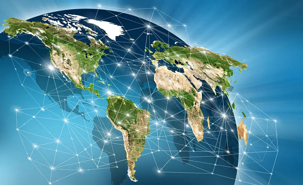 Global trade and commerce illustration showing interconnected flows of globalization
