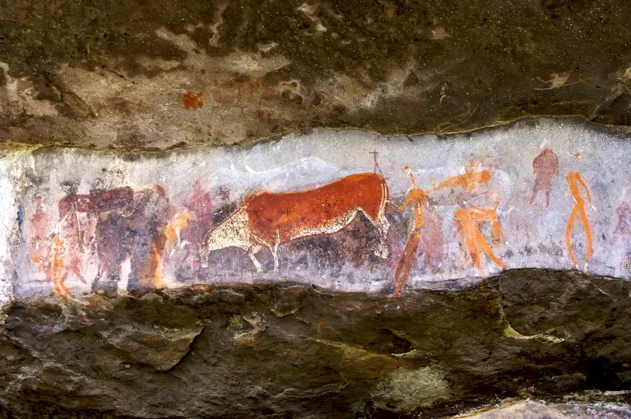 Rock art by the San People at Giants Castle in Drakensberg, South Africa